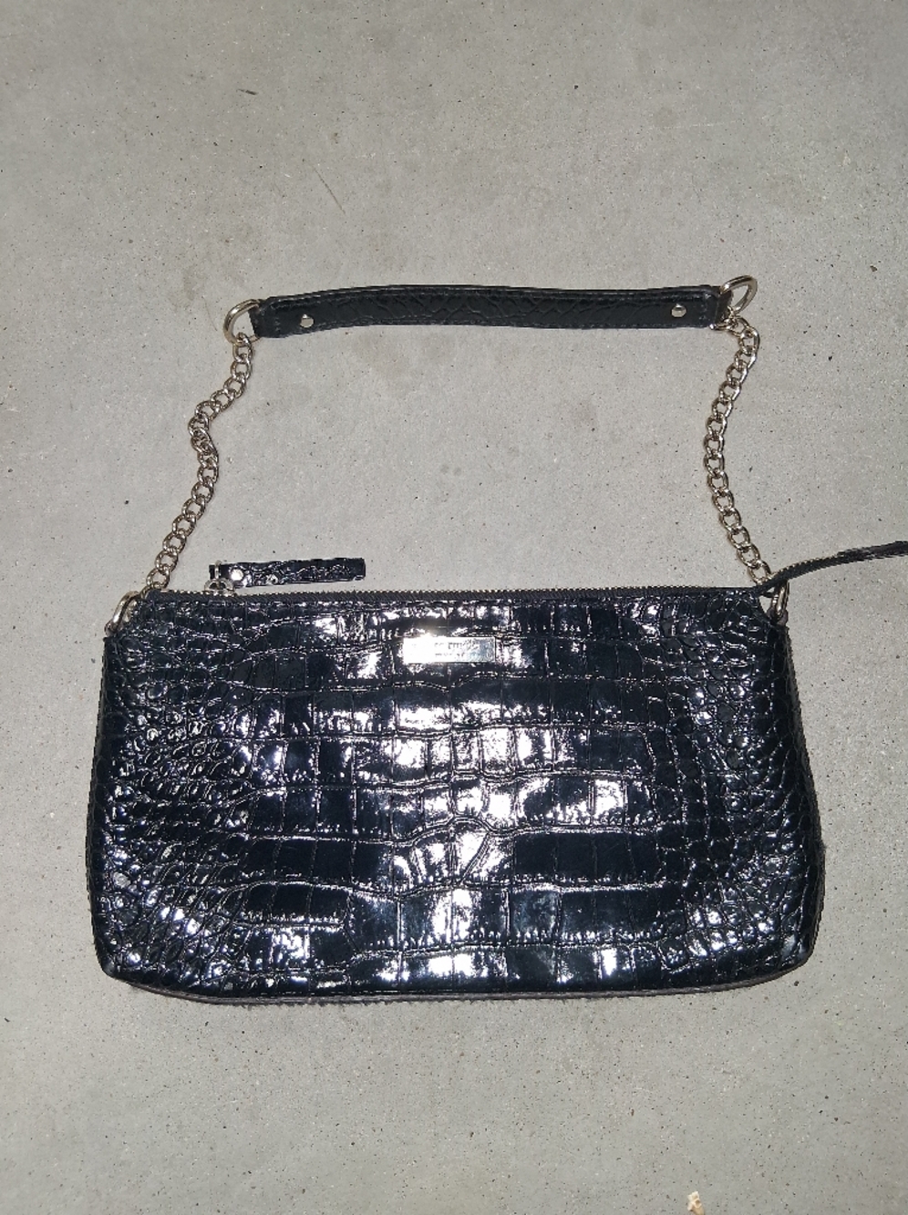 Kate Spade Sleek Black Patent Croc Wristlet with Gold Chain
